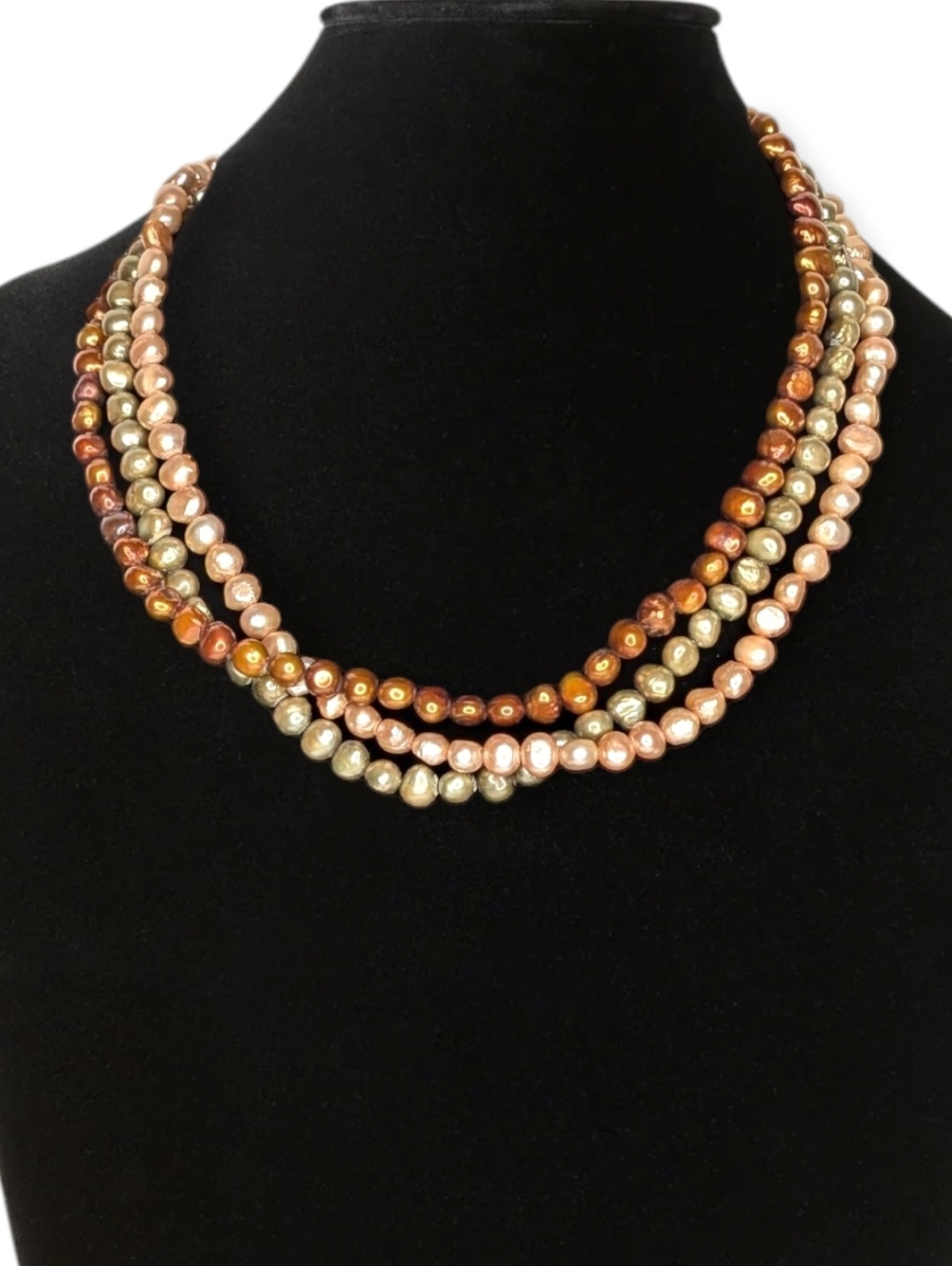 Freshwater Pearl Necklace Sterling Silver Triple Strand Green Brown Peach 925